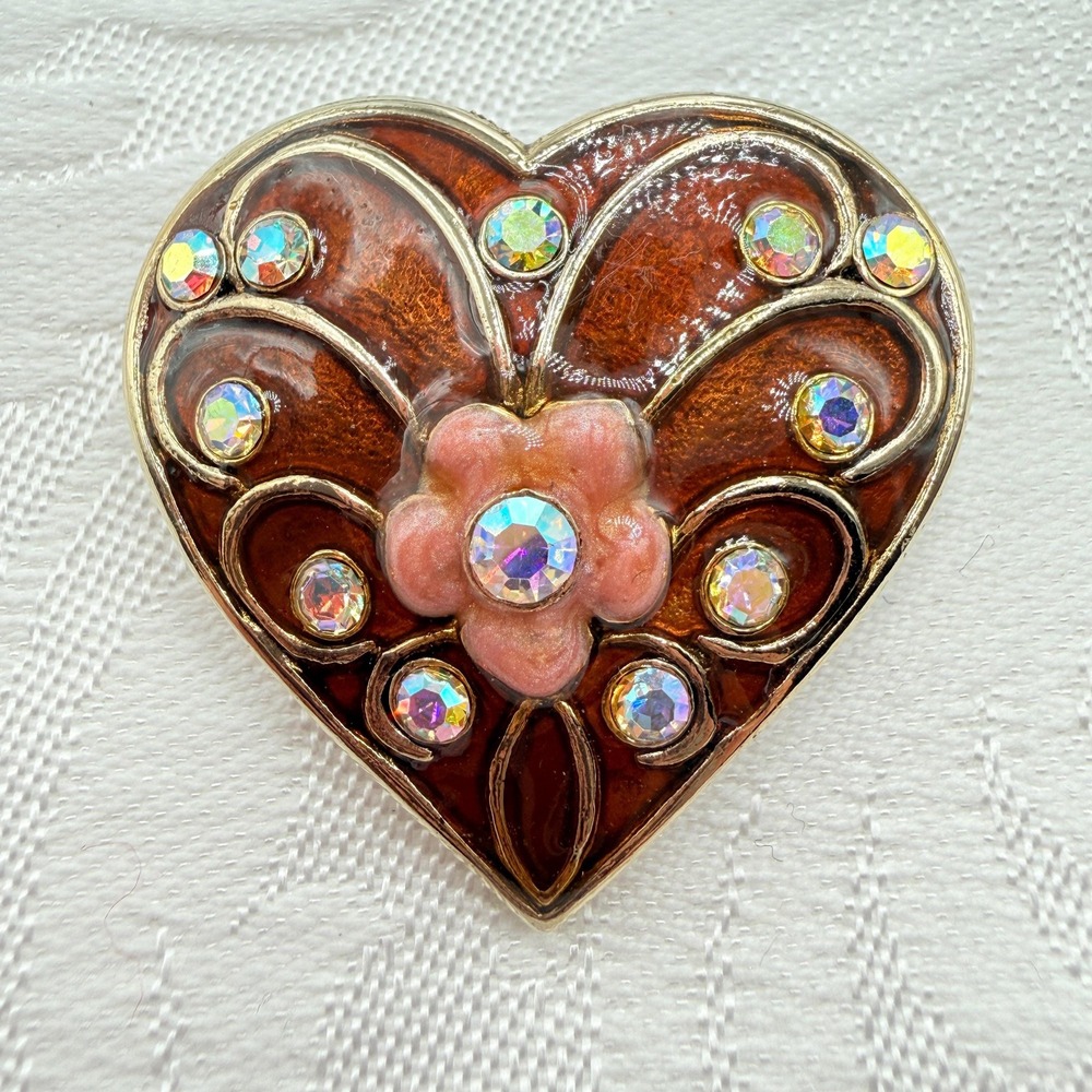 Vintage Red and Pink Enamel Heart Brooch w/ AB Rhinestones and Flower Center